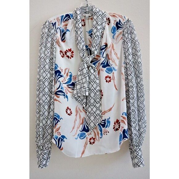 Joie Women's Sz Small White Kanela Mixed Print Tie Neck Silk Blouse Top $298 - Picture 1 of 8